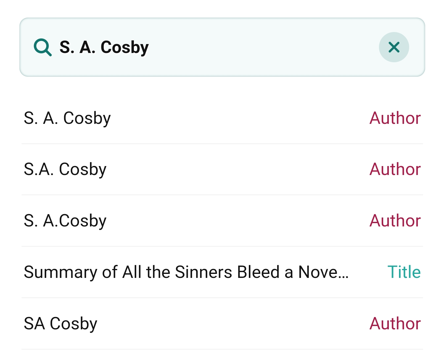Sýnishornaleit gerð í Libby Academy Library fyrir höfundinn S.A. Crosby